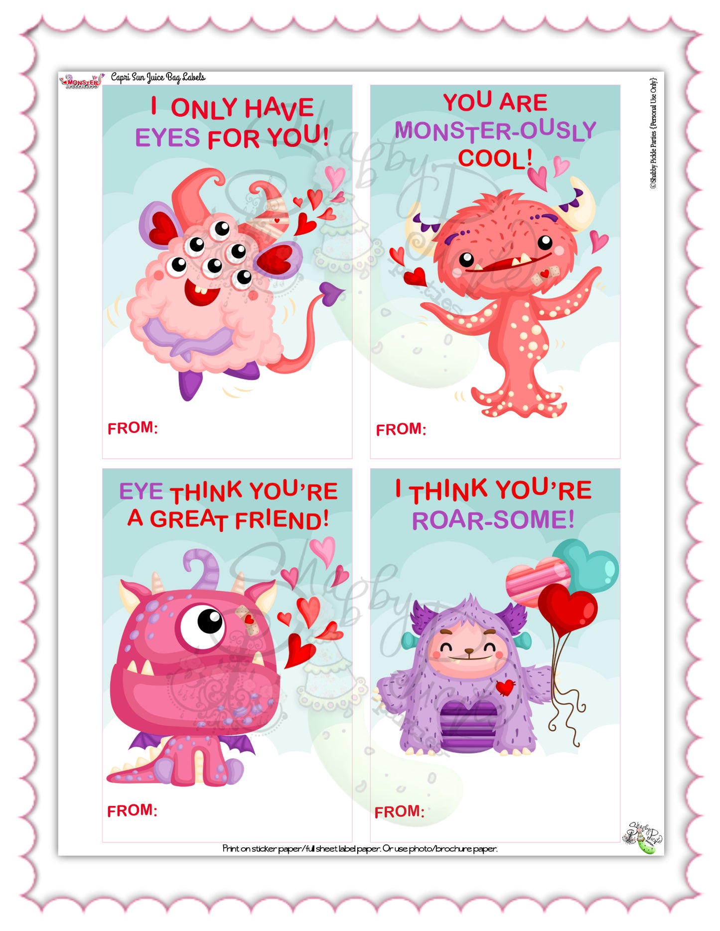 Valentine's Monsters-Capri Sun Labels-4 Styles-Valentine's Day-Class Room Party-Valentine-Digital-INSTANT DOWNLOAD