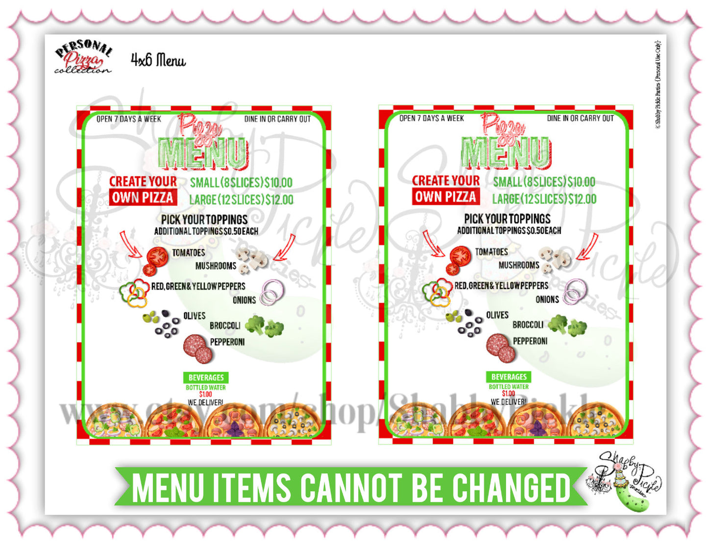 Personal Pizza-Menu-We Customize Pizzeria Name (Only)-4x6 Menu Font and Back-Playset-Pizza Party-Kids Pizza Shop-Printable-DIGITAL DOWNLOAD