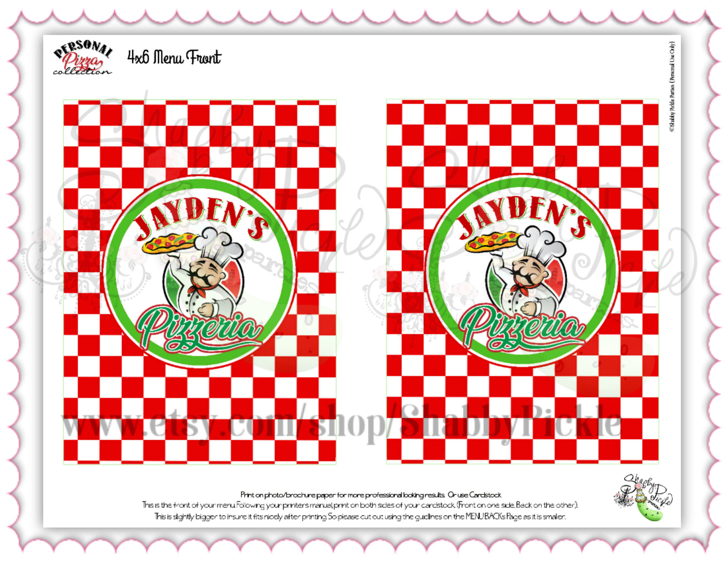 Personal Pizza-Menu-We Customize Pizzeria Name (Only)-4x6 Menu Font and Back-Playset-Pizza Party-Kids Pizza Shop-Printable-DIGITAL DOWNLOAD