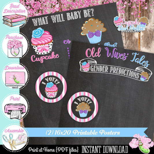 Gender Reveal-Cupcake or Stud Muffin2-Gender Voting Poster-Old Wives Tales Tracker Poster-New Baby-Baby Shower-Digital-INSTANT DOWNLOAD