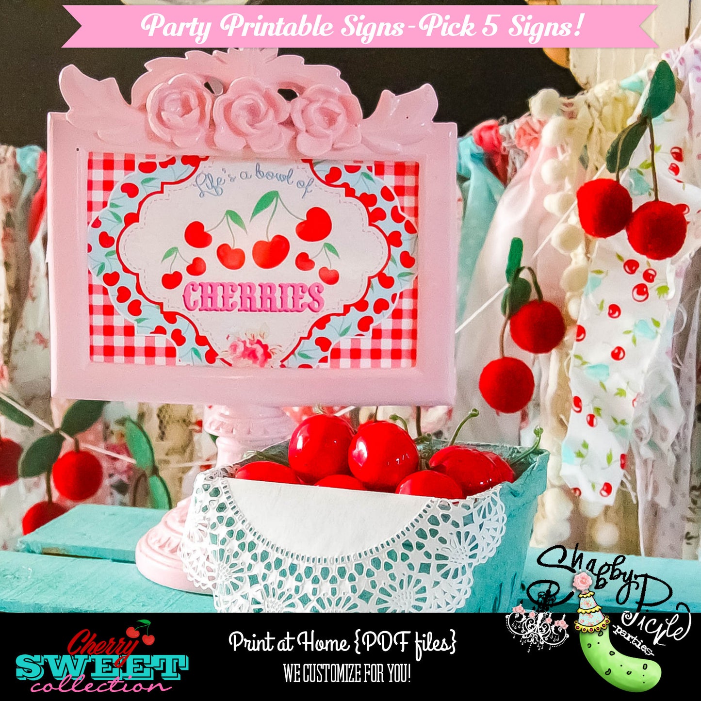 Cherry Sweet Birthday Signs-Pick 5 Party Signs-You Pick-Cherry Theme-Personalized-Girls Custom Birthday Decor-Printables-DIGITAL DOWNLOAD