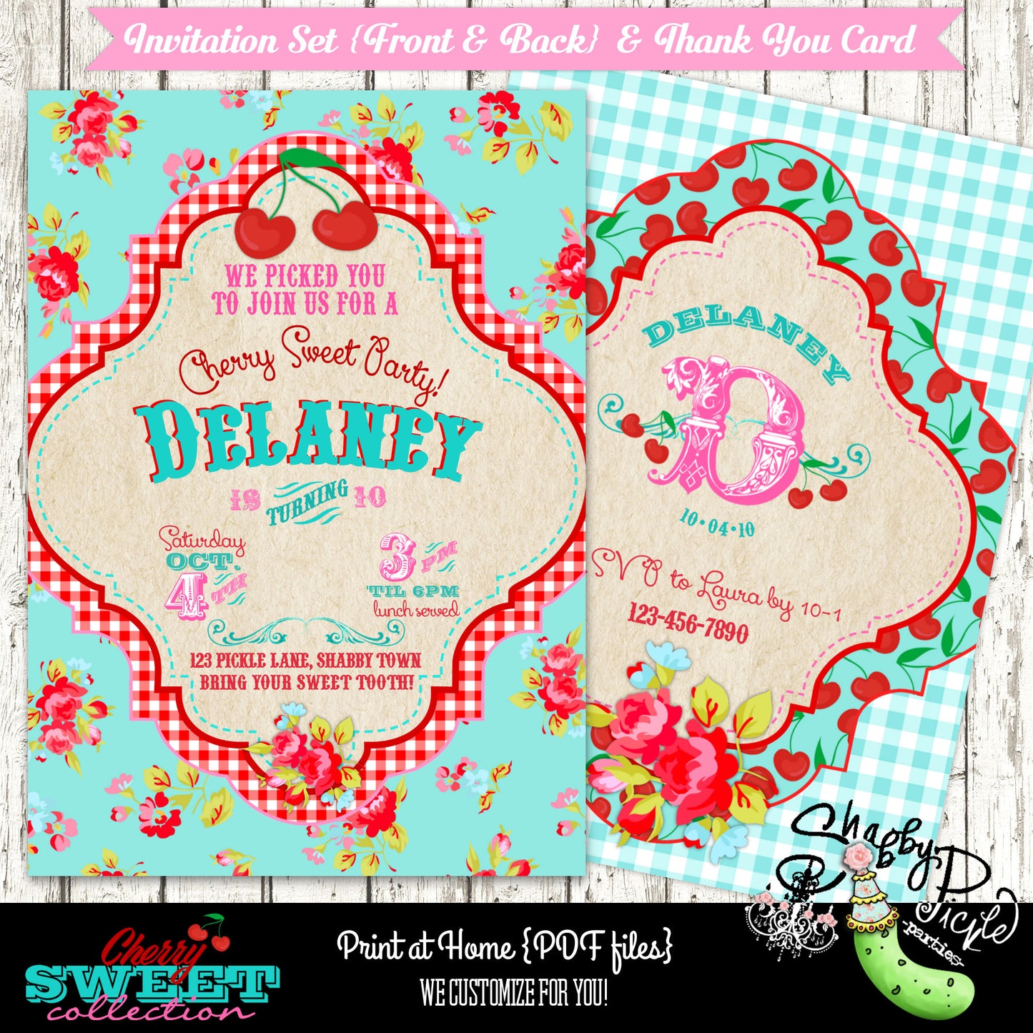 Cherry Sweet Birthday-Invitation Set-Thank You Card-Personalized-Cherry Theme-Birthday Printable-Girls Birthday-Printables-DIGITAL DOWNLOAD