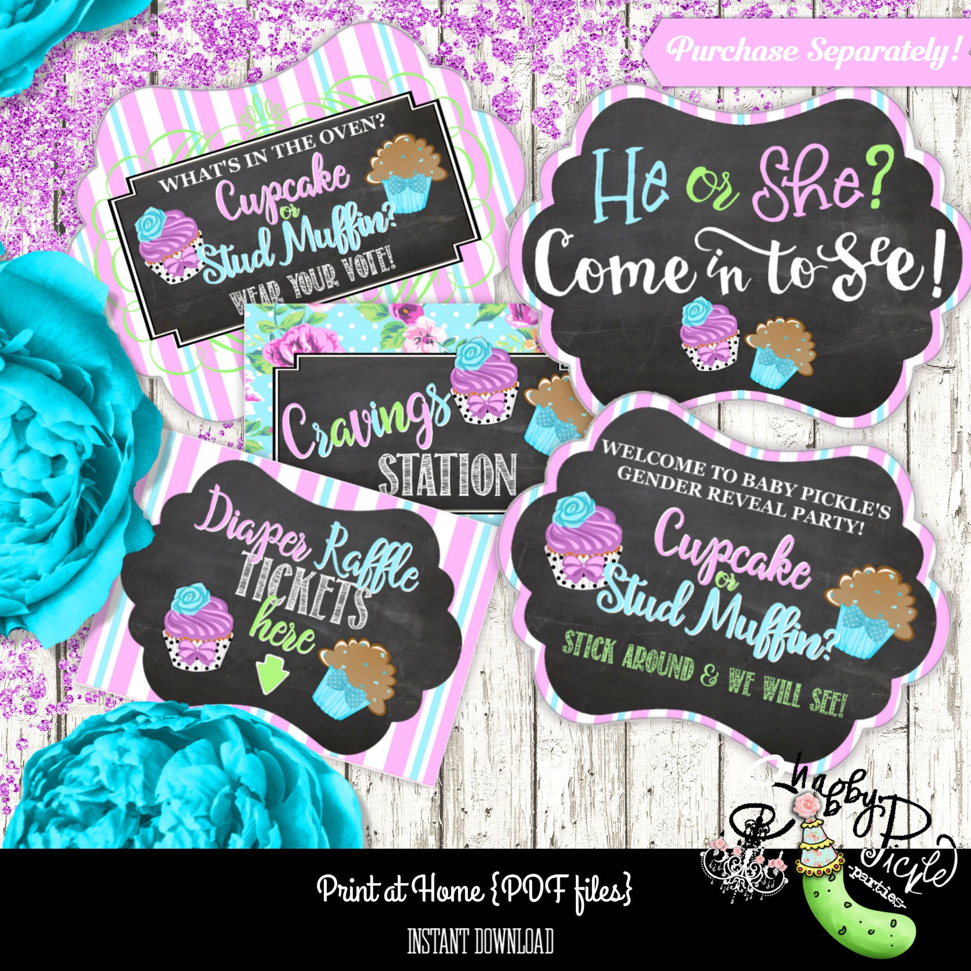 Gender Reveal-Cupcake or Stud Muffin-Banner-Bunting-Purple and Blue-Party Printables-New Baby Parties-Baby Shower-Digital-INSTANT DOWNLOAD