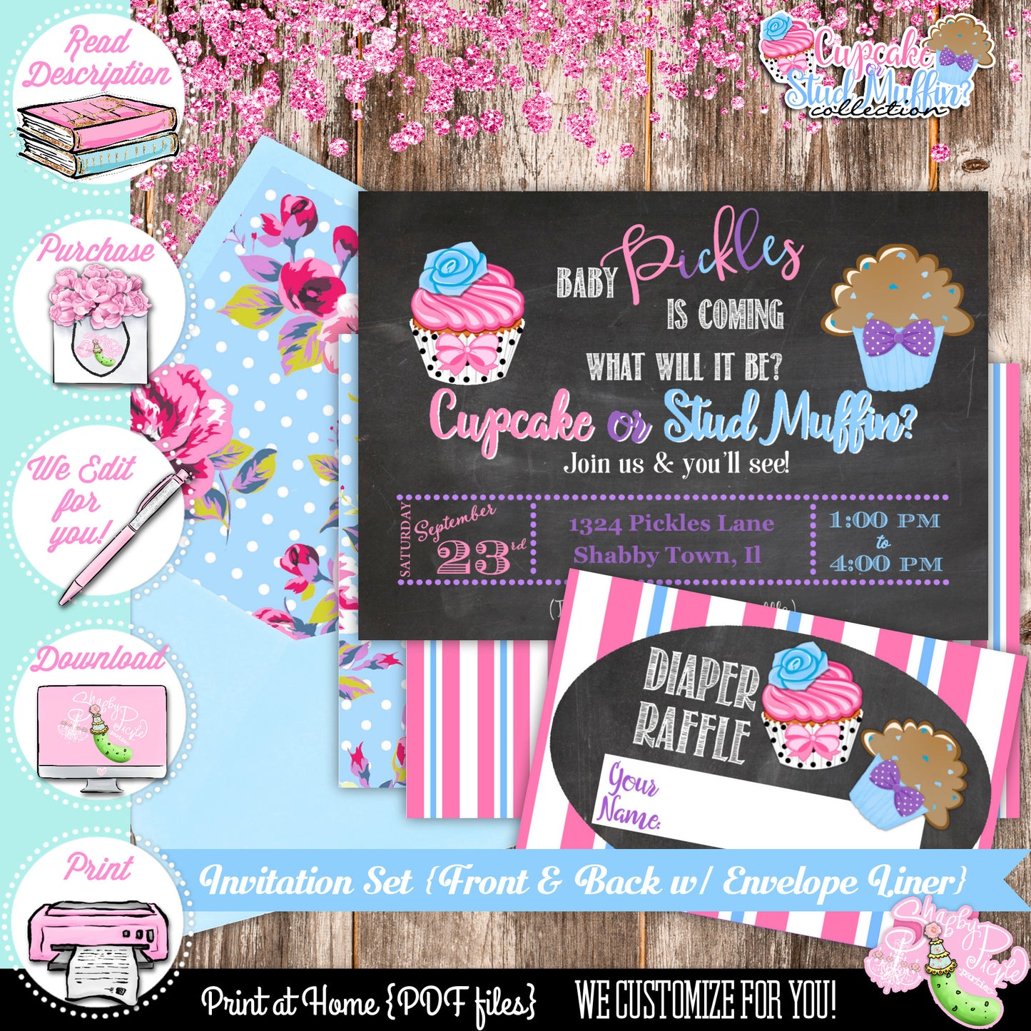 Gender Reveal-Cupcake or Stud Muffin-Invitation-Announcement-Baby Shower-Envelope Liner-Print at Home-Printable Invites-DIGITAL DOWNLOAD