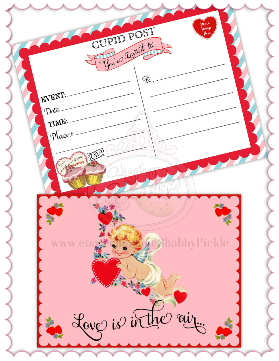 Vintage Valentine Postcard Fill In Invitations-Printable-Valentines Day Parties-Birthday-Kids Party-Instant Download-Digital Decorations