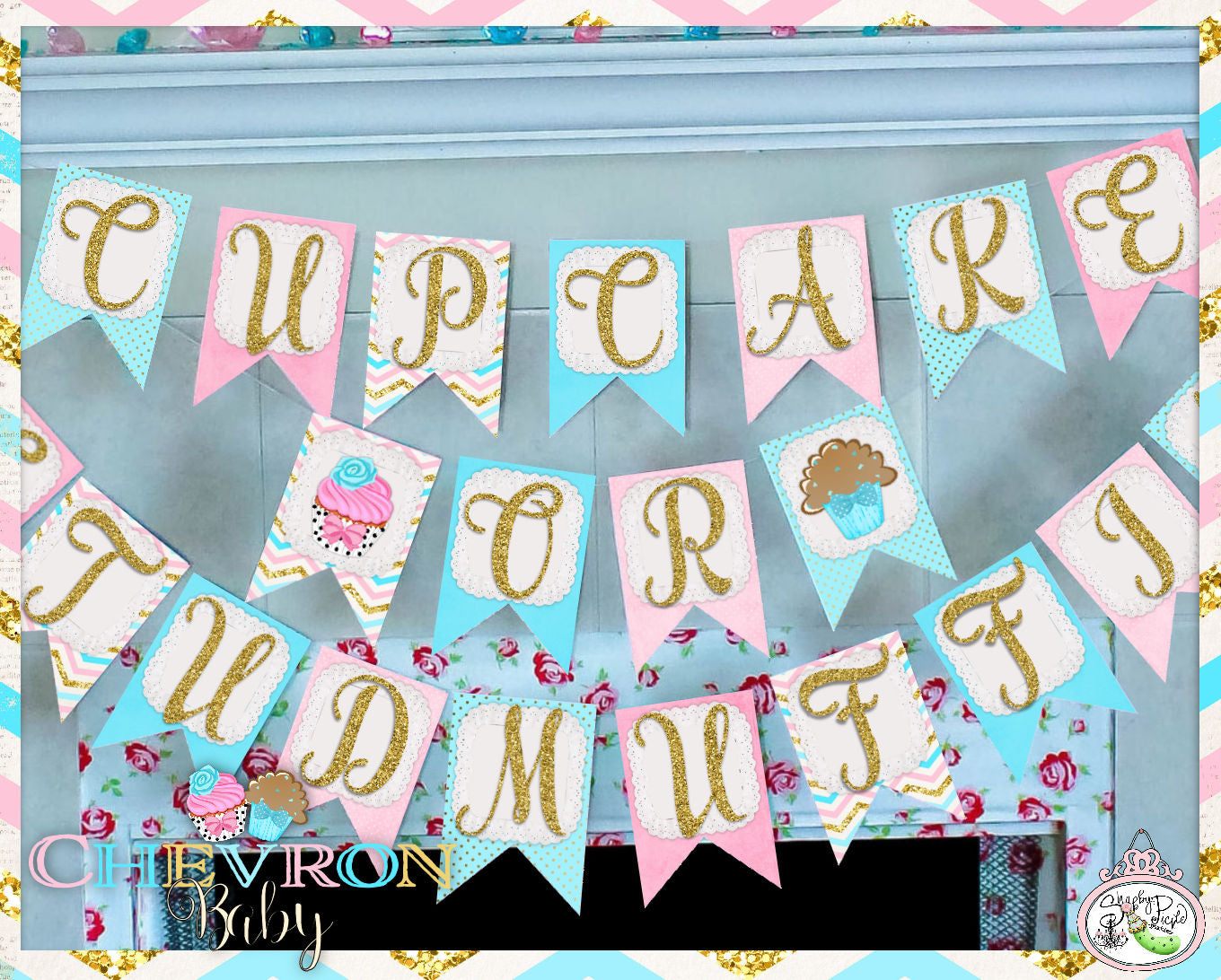 Chevron Baby-Cupcake or Stud Muffin Banner-Party Printables-Plain & Theme-Gender Reveal-Baby Shower-DIY-Digital Decorations-INSTANT DOWNLOAD