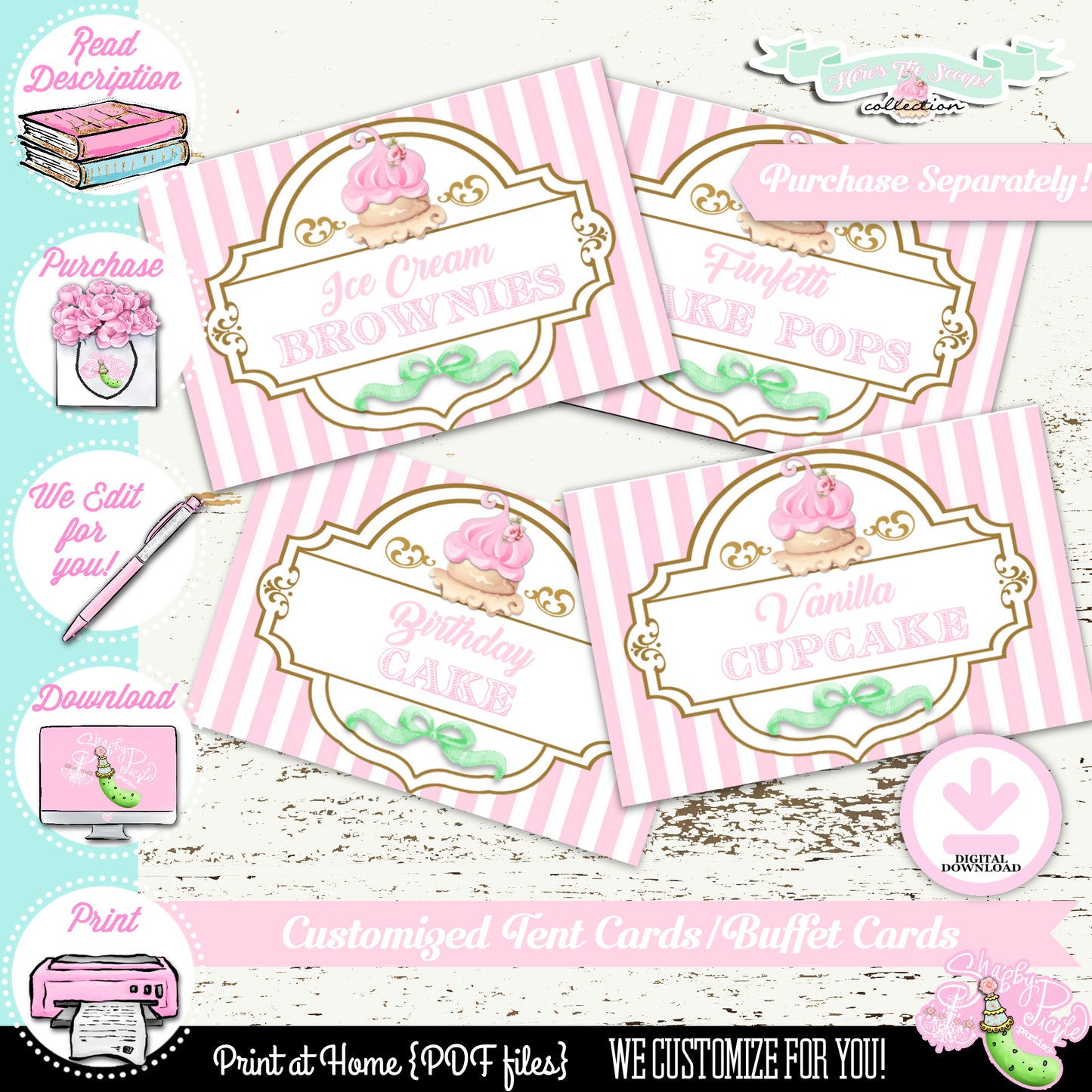 Heres The Scoop-Birthday-Cupcake Wrappers-Cupcake Toppers-We Customize Age-Ice Cream Shop-Ice Cream Parlor-Ice Cream Party-DIGITAL DOWNLOAD