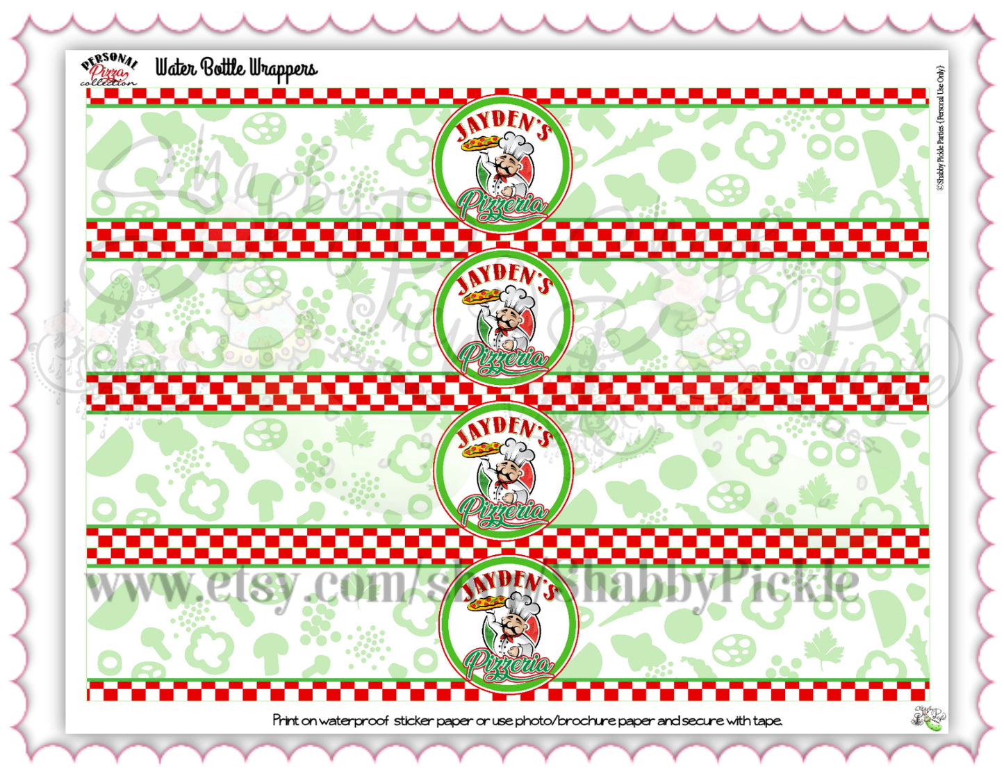 Personal Pizza-Water Bottle Labels-We Customize Pizzeria Name (Only)-Playset-Pizza Party-Kids Pizza Shop-Printable-DIGITAL DOWNLOAD