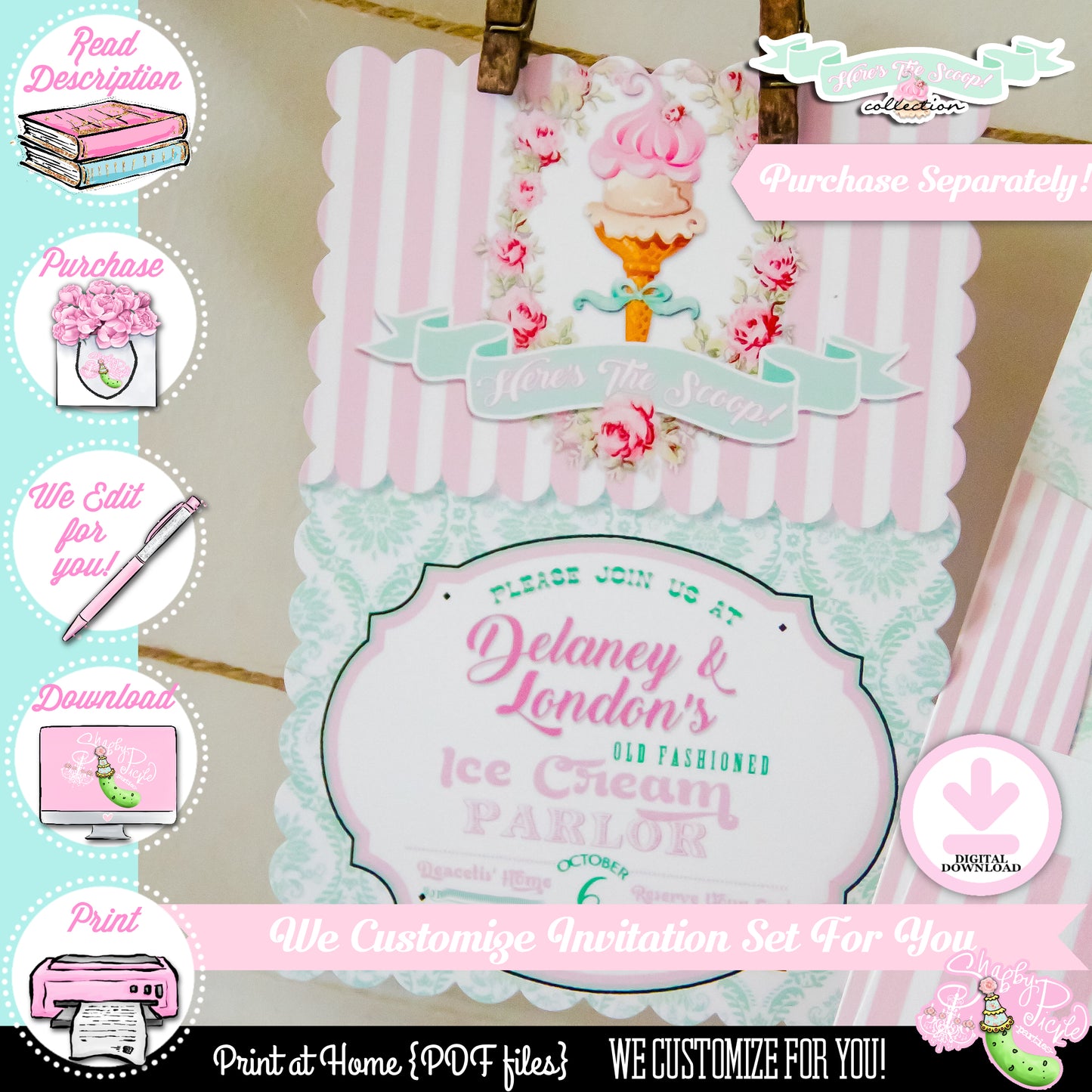 Heres The Scoop-Birthday-Cupcake Wrappers-Cupcake Toppers-We Customize Age-Ice Cream Shop-Ice Cream Parlor-Ice Cream Party-DIGITAL DOWNLOAD