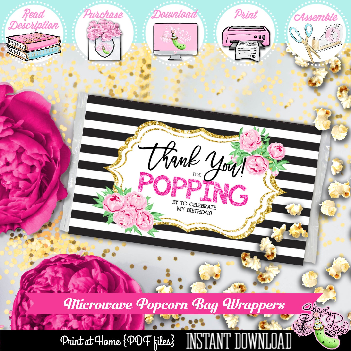 Kate Spade Birthday-Microwaveable Popcorn Wrapper-Favor-Label-Popcorn Favor-Birthday Party-Kate Spade Inspired-Printable-INSTANT DOWNLOAD