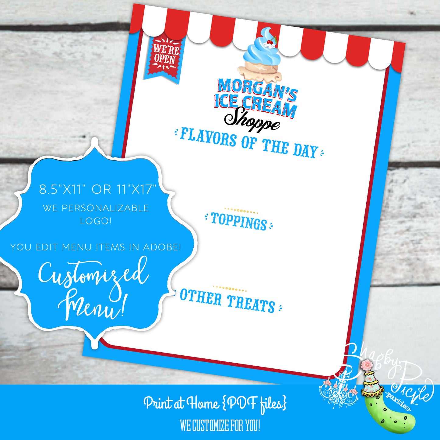 Ice Cream Shoppe Party-Custom Menu-8.5x11 or 11x17 Birthday-Customize-Personalize-Download-Retro Ice Cream Shop-Printable-DIGITAL DOWNLOAD