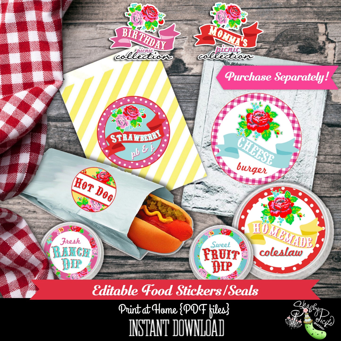 Birthday Party Picnic Cupcake Wrappers and EDITABLE Toppers-Party Printables-BBQ-Farmers Market-Birthday Labels-Instant Download