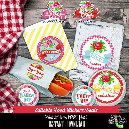 Birthday Party Picnic-EDITABLE Food Stickers-Seals-Labels-Mother's Day-Party Printables-BBQ-Farmers Market-Digital Item-Instant Download