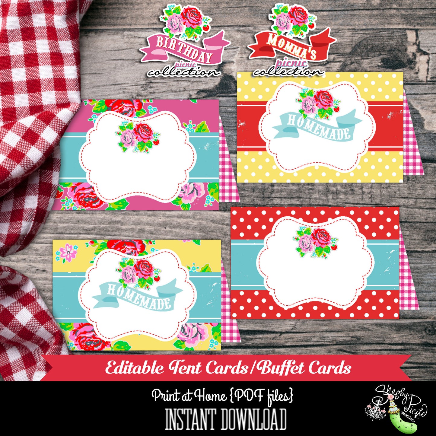 Birthday Party Picnic-Editable Tent Cards-Buffet-Place Cards-Mother's Day-Party Printables-Mom-BBQ-Farmers Market-Digital-Instant Download