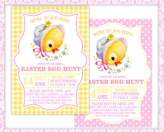 Retro Chick-EDITABLE & BLANK Invitation-Print At Home-Easter-Easter Egg Hunt-Printable Invites-Easter Party-Invitations-Instant Download