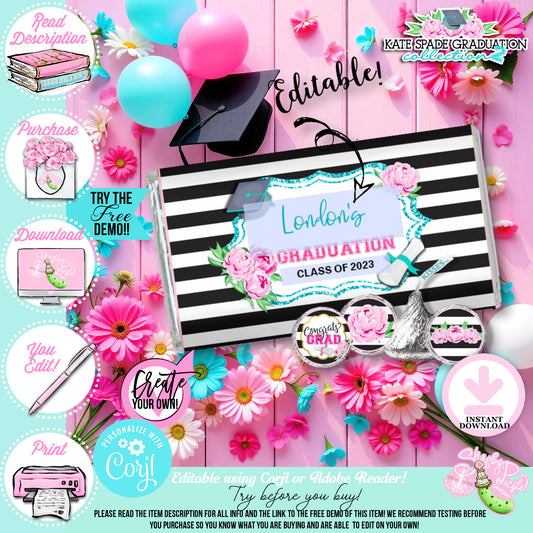 Kate Spade (2) Inspired Chocolate Bar Wrappers-Candy Bar Label-Edit in Corjl-Favors-Hershey Kiss Labels-Graduation Party-Graduation-Printable-INSTANT DOWNLOAD