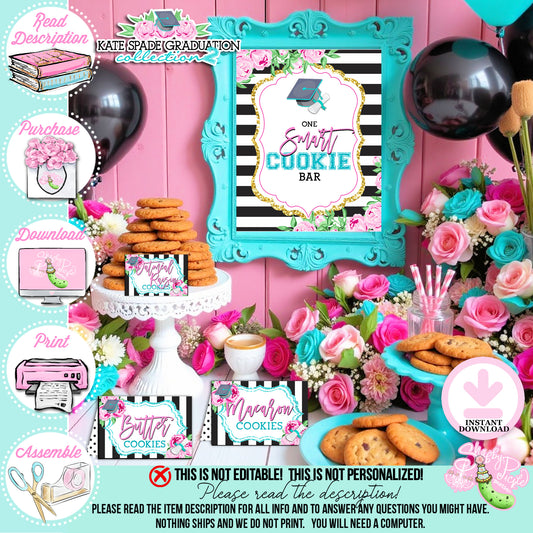 Kate Spade (2) Inspired Cookie Bar-Prefilled Tent Cards-Sign-Graduation Party-One Smart Cookie-School-Grad-Printable-INSTANT DOWNLOAD