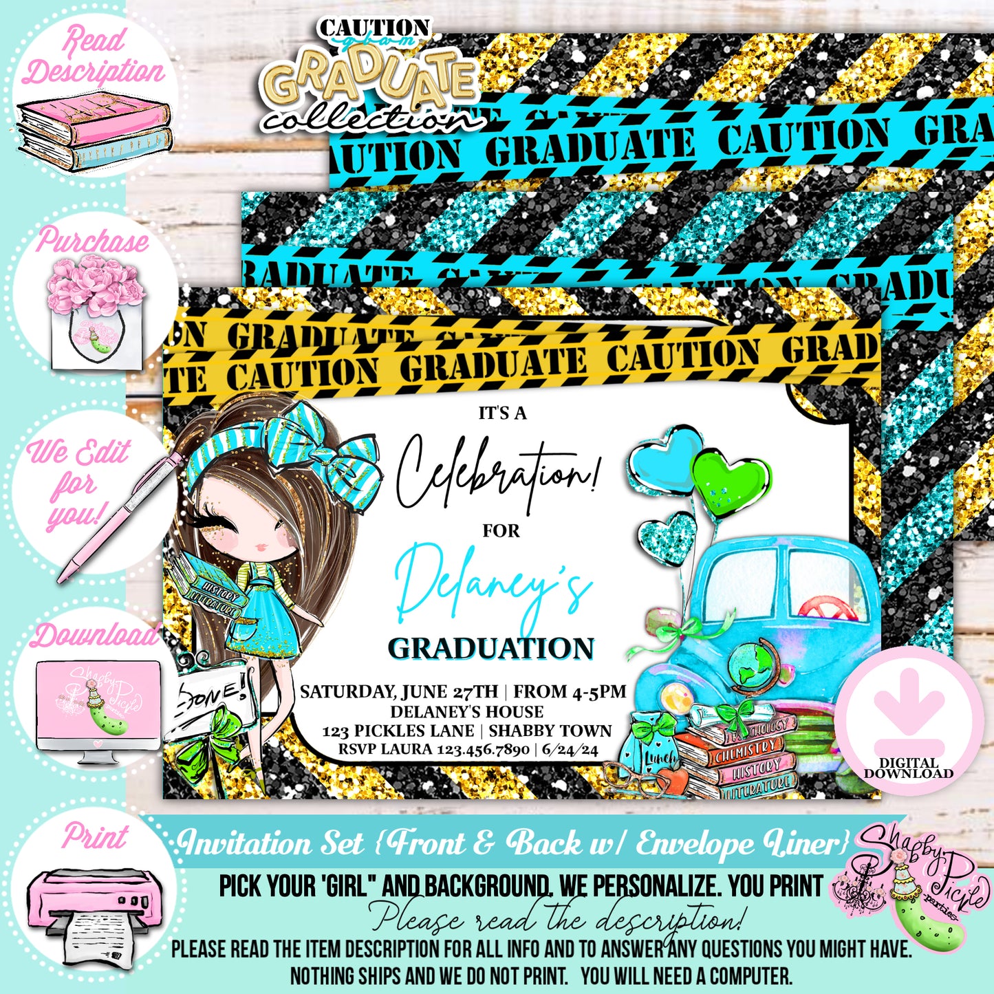 Caution Glam Graduate-Blue Glam Grad-We PERSONALIZE-Graduation Invitations-Pick The Girl-Graduation-High School-8th Grade-Class of-PRINTABLE