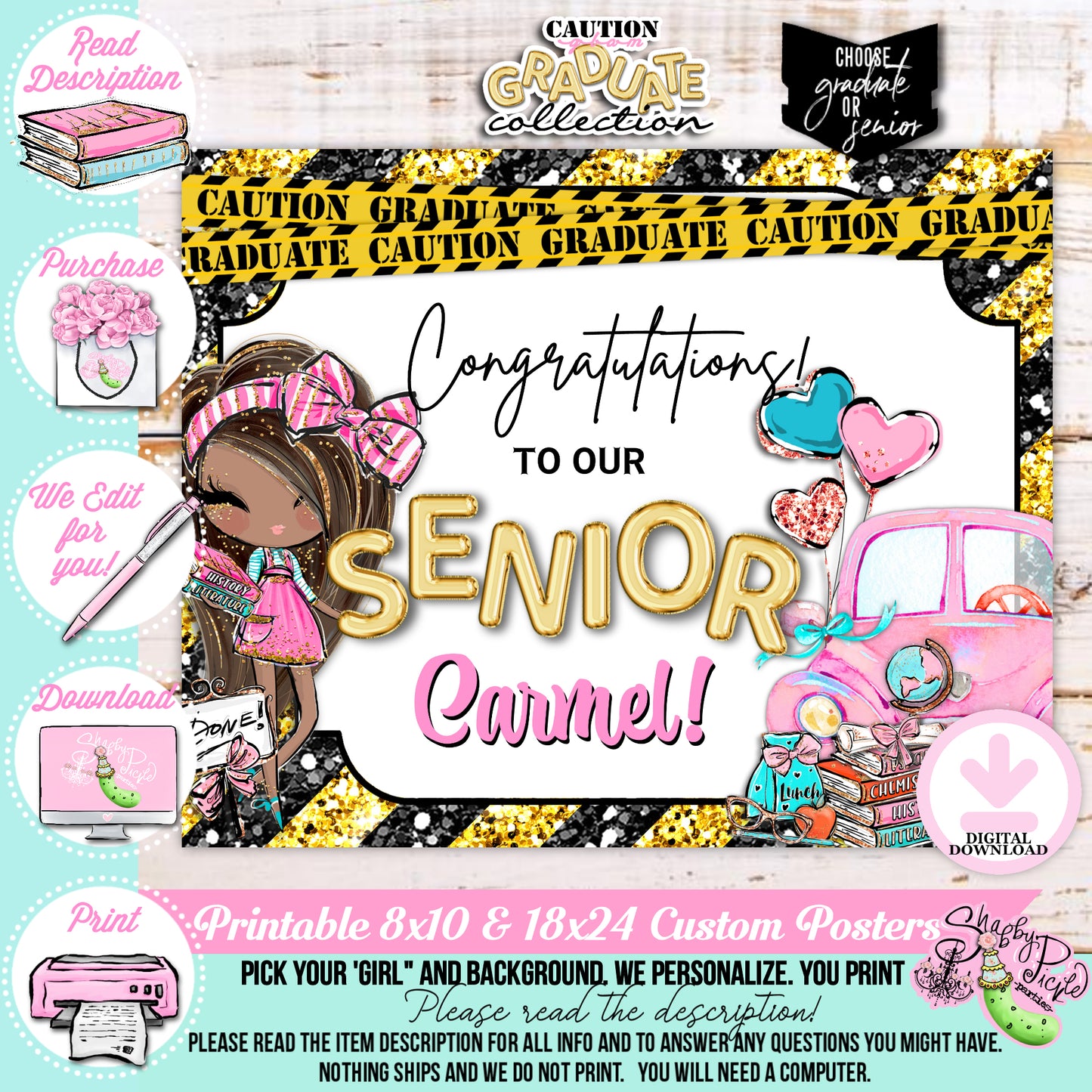 Caution Glam Graduate-Pink Glam Grad-We PERSONALIZE-Yard Sign-Party Sign-Pick Your Girl-Graduation-High School-8th Grade-Class of-PRINTABLE