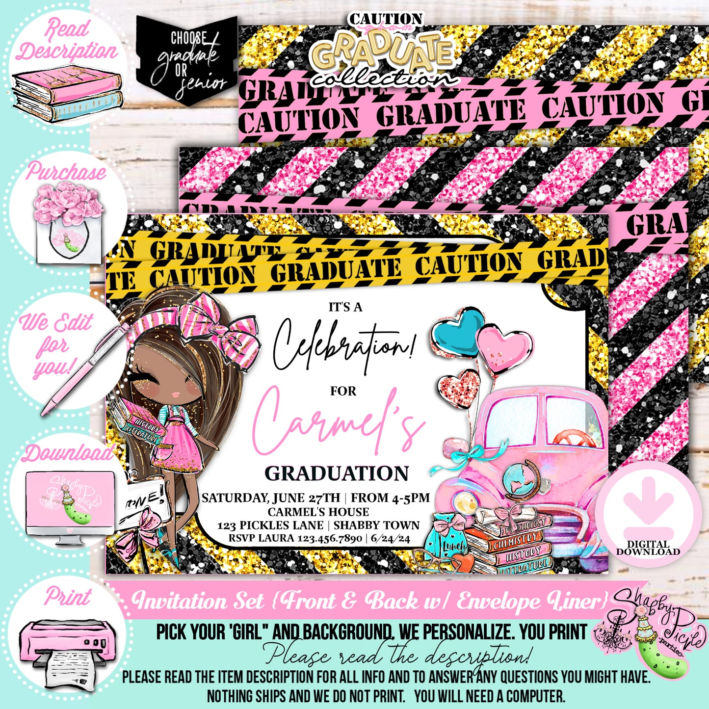 Caution Glam Graduate-Pink Glam Grad-We PERSONALIZE-Graduation Invitations-Pick The Girl-Graduation-High School-8th Grade-Class of-PRINTABLE