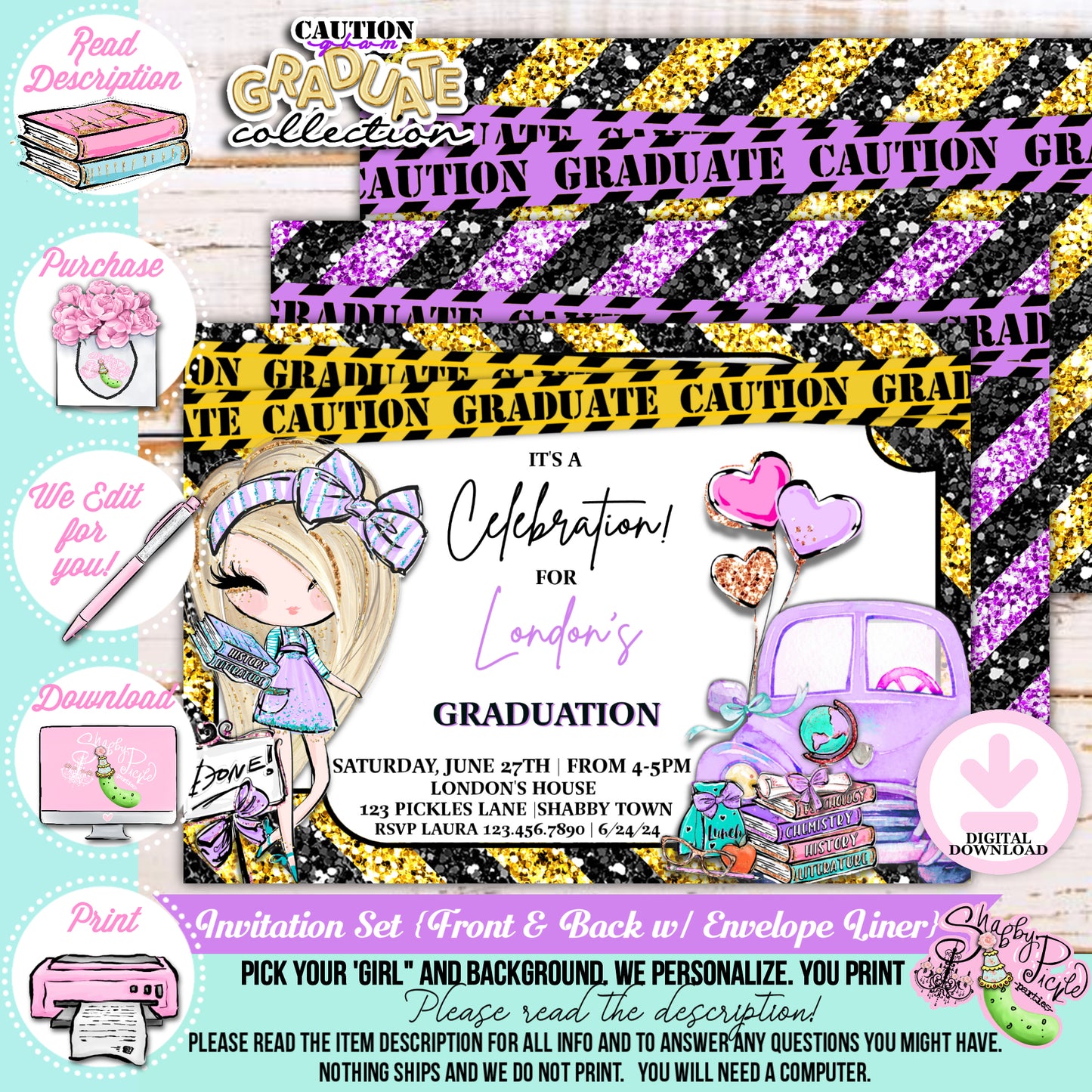 Caution Glam Graduate-Lilac Glam Grad-We PERSONALIZE-Graduation Invitations-Pick Your Girl-High School-8th Grade-Class of-PRINTABLE