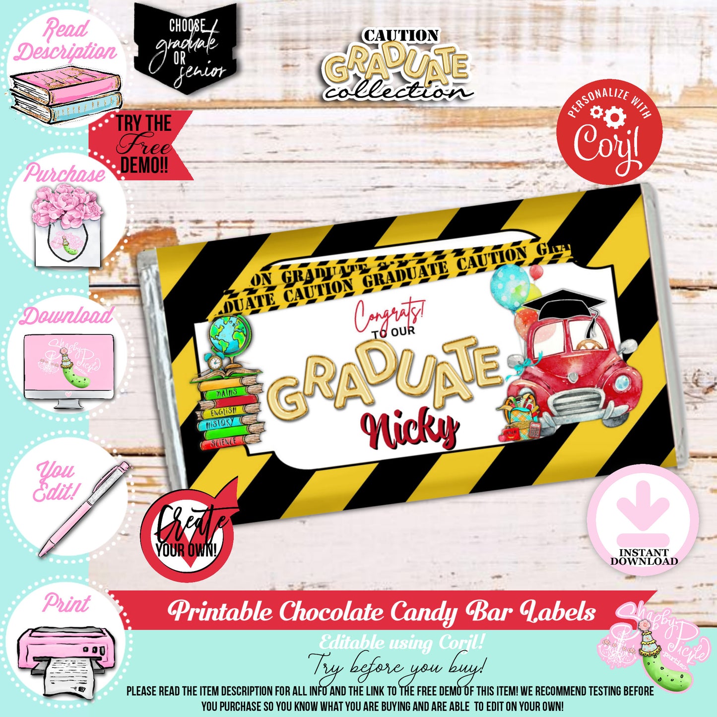 Caution Graduate-Red-Chocolate Bar Labels-Edit in Corjl-Grad-Graduation-8th Grade Graduation-High School-College-Class of-INSTANT DOWNLOAD