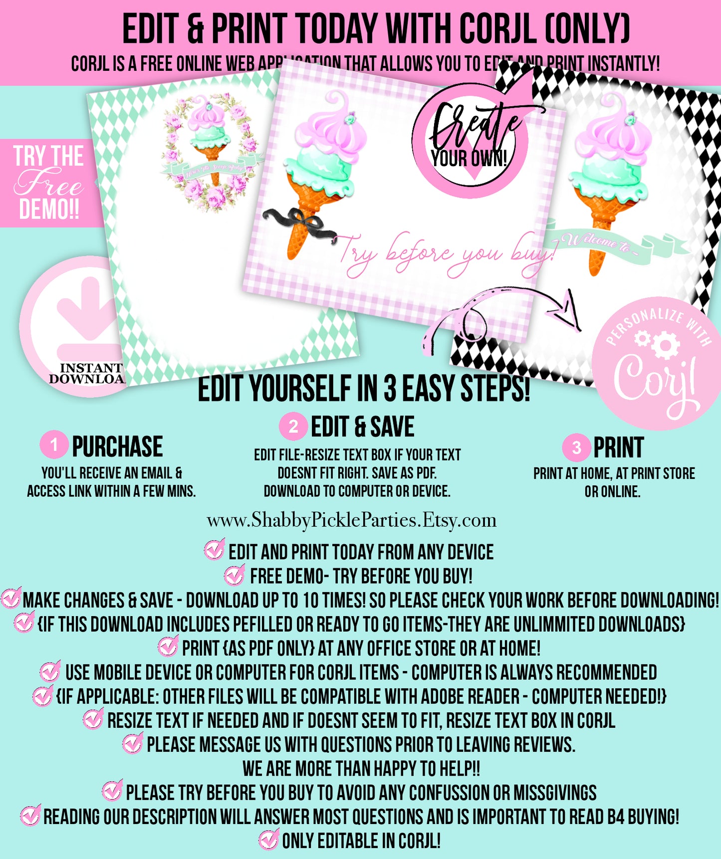 Here's The Scoop, Baby-Baby Shower Signs-Ice Cream Baby Shower-3 Signs Editable in Corjl-Customizable-Make your Own-Digital-INSTANT DOWNLOAD