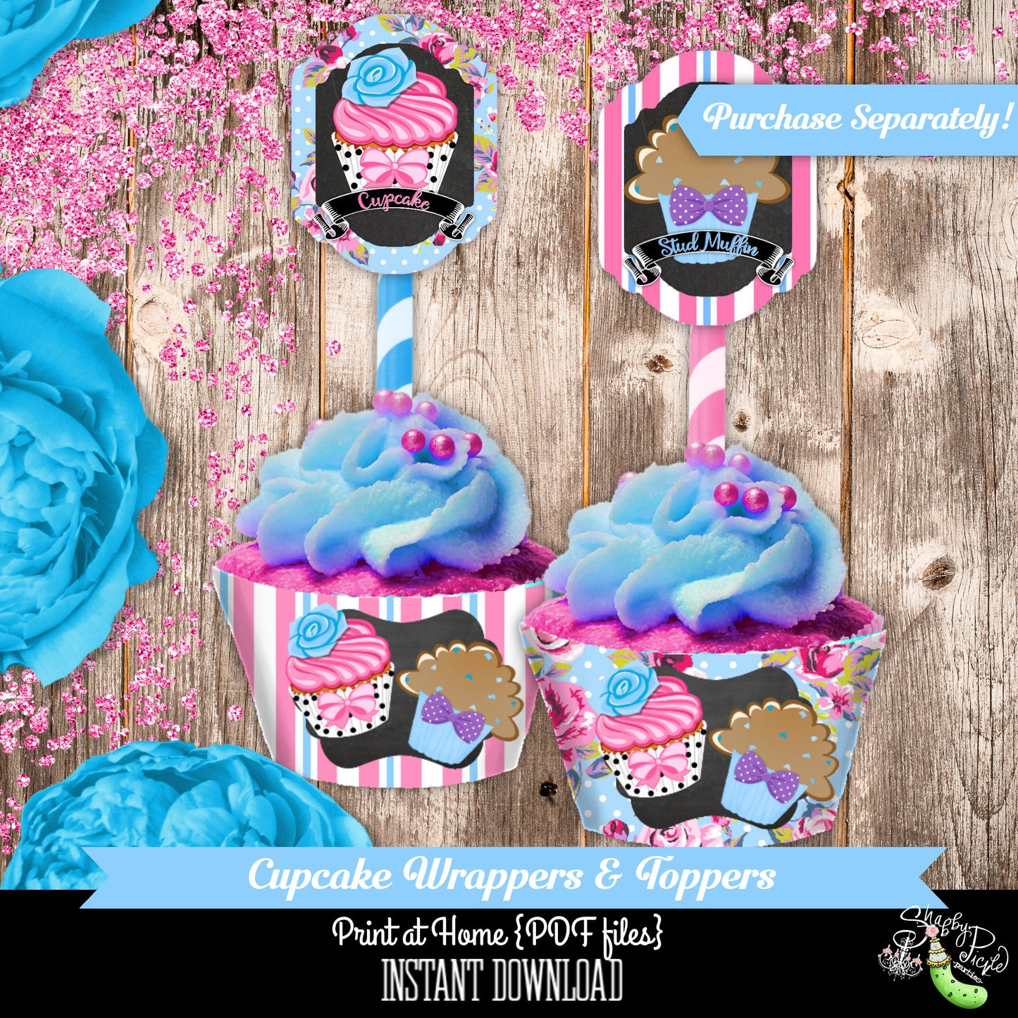 Gender Reveal-Cupcake or Stud Muffin2-Chocolate Bar Wrapper-Candy Kiss Labels-Party Printables-New Baby-Baby Shower-Digital-INSTANT DOWNLOAD