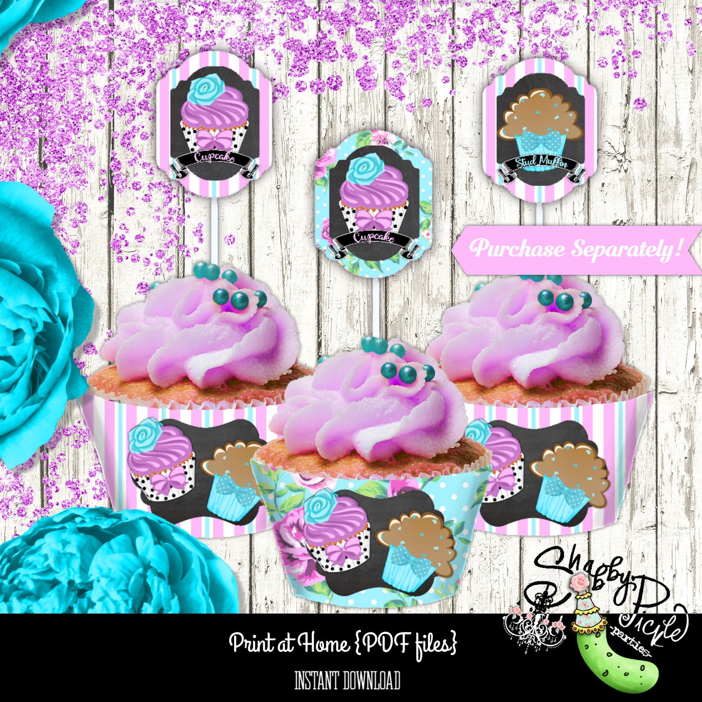 Gender Reveal-Cupcake or Stud Muffin-Water Bottle Wraps-Party Printables-New Baby-Purple and Blue-Baby Shower-Digital-INSTANT DOWNLOAD