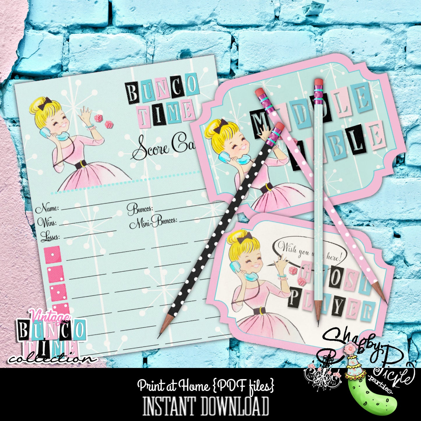 Bunco Time VINTAGE-Score Card-Table Signs-Pencil Covers-Girls Night-Game Night-50's-Print At Home-Printable-Party Printable-INSTANT DOWNLOAD