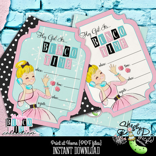 Bunco Time Vintage-FILLIN 5x7 Invitation-Girls Night-Game Night-Retro Party-Print At Home-Printable Invites-Invitations-INSTANT DOWNLOAD