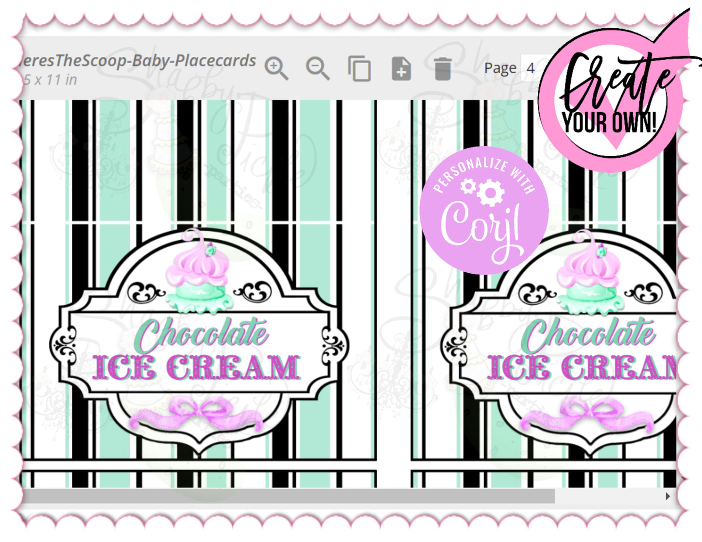 Here's The Scoop, Baby-Buffet Cards-Customize in Corjl-Ice Cream Baby Shower-Tent Cards-Edit-Place Cards-Flat Cards-Digital-INSTANT DOWNLOAD