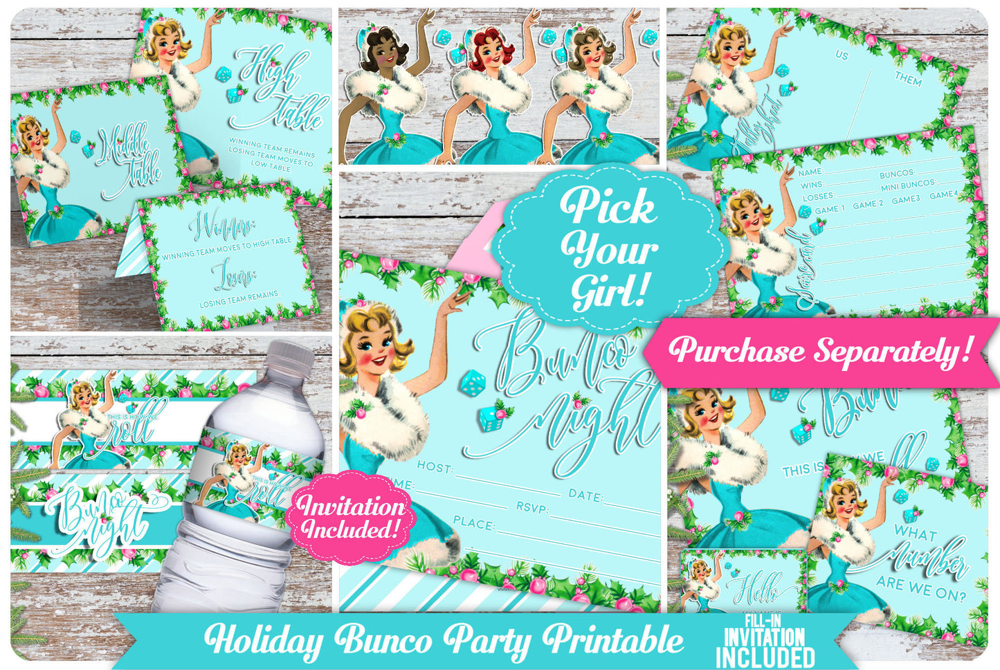 Holiday Bunco-Pick your Girl-We Customize Invitation-Bunco Invitations-Invite-Bunco Night-Retro-Bunco-Bunko-Holiday-Digital-DIGITAL DOWNLOAD