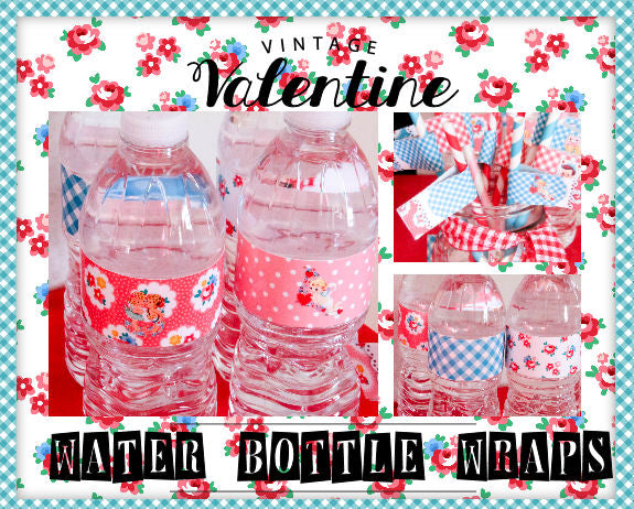 Vintage Valentine Water Bottle Labels-Wrappers & Bonus Straw Flags-Add-on Party Printable-Shabby Chic Parties-Party Favors--INSTANT DOWNLOAD