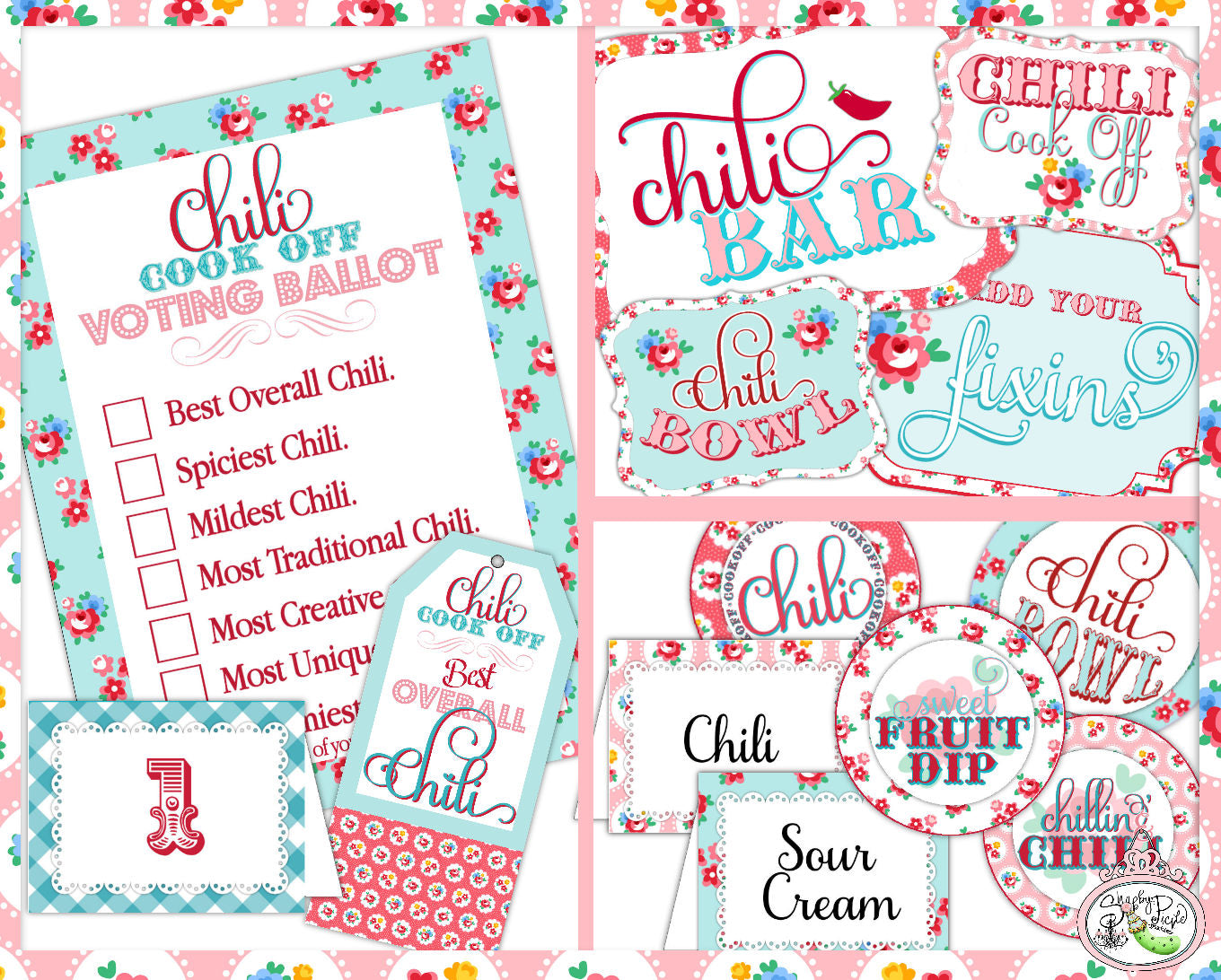 Vintage Valentine Theme-Chili Bar Party-EDITABLE-Personalize-Party Printables-Chili Cook Off-Cookoff-Parties-Signs-INSTANT DOWNLOAD