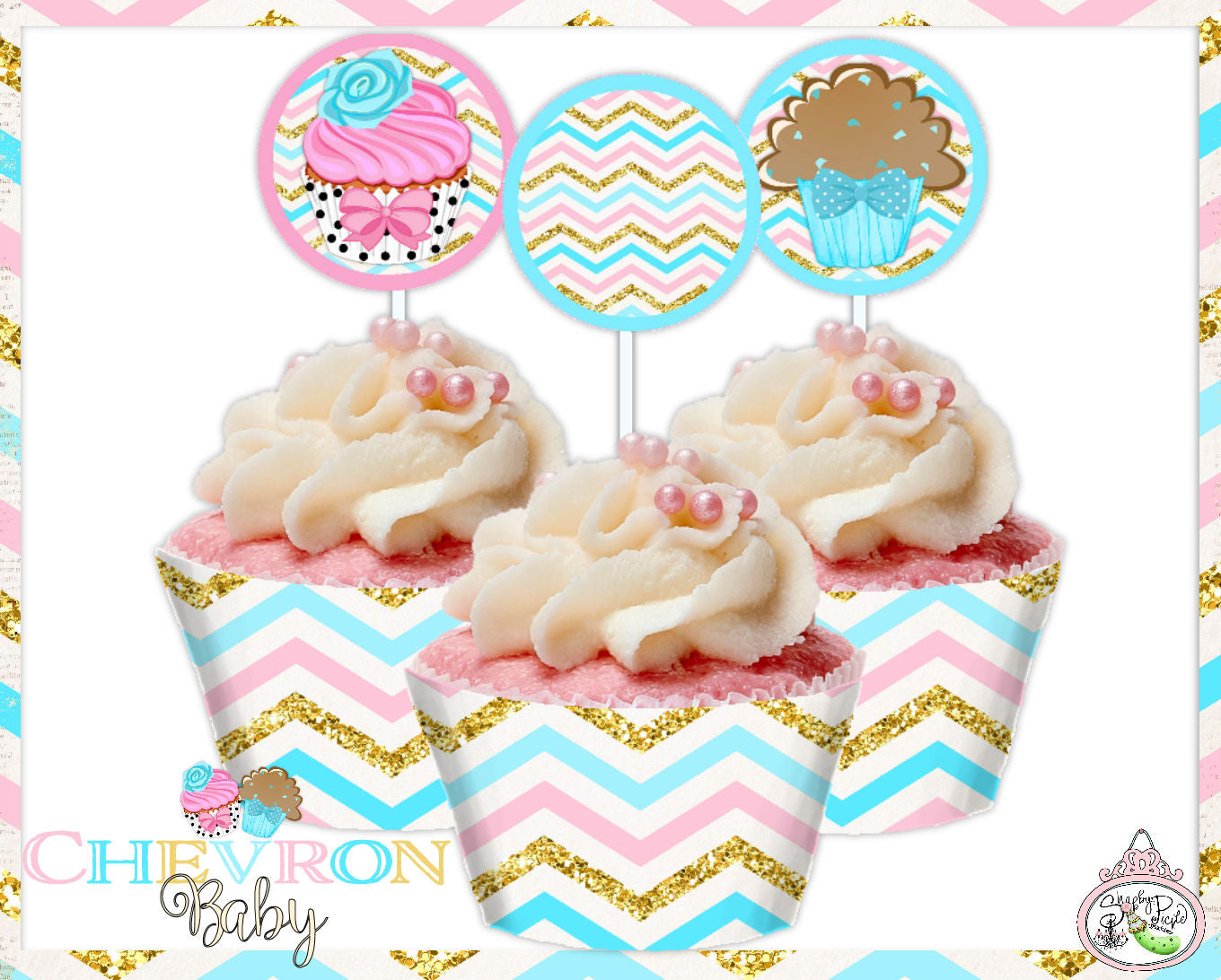 Chevron Baby-Cupcake Wraps & Toppers-Party Printables-Shabby Chic Parties-Gender Reveal-Baby Shower-Instant Download-INSTANT DOWNLOAD