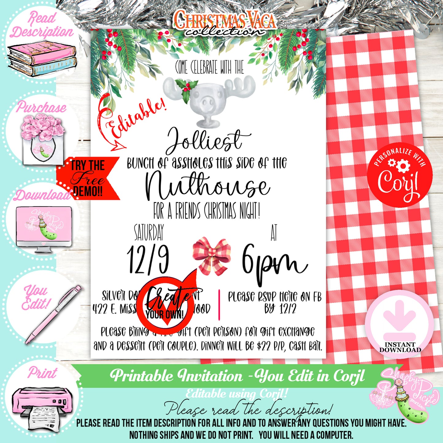 Christmas Vaca-Invitation Cards-Custom Text in Corjl-Christmas Invitations-Invites-Movie-Printable-Party Printable-Digital-INSTANT DOWNLOAD