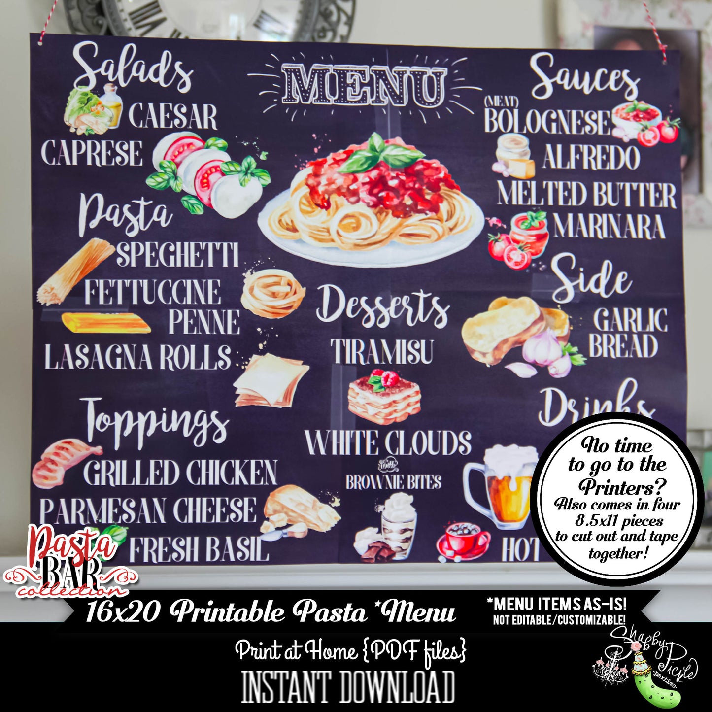 Pasta Bar-16x20 Menu-Pasta Bar Menu-As Shown No Changes-Not Customizable-Party Printable-Pasta Night-Pasta Buffet-Digital-INSTANT DOWNLOAD