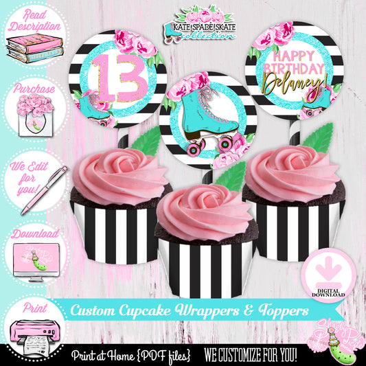 Kate Spade Skate-Birthday-Cupcake Wrappers-Cupcake Toppers-We Customize-Roller Skate Party-Skater-Girls Skate Party-DIGITAL DOWNLOAD