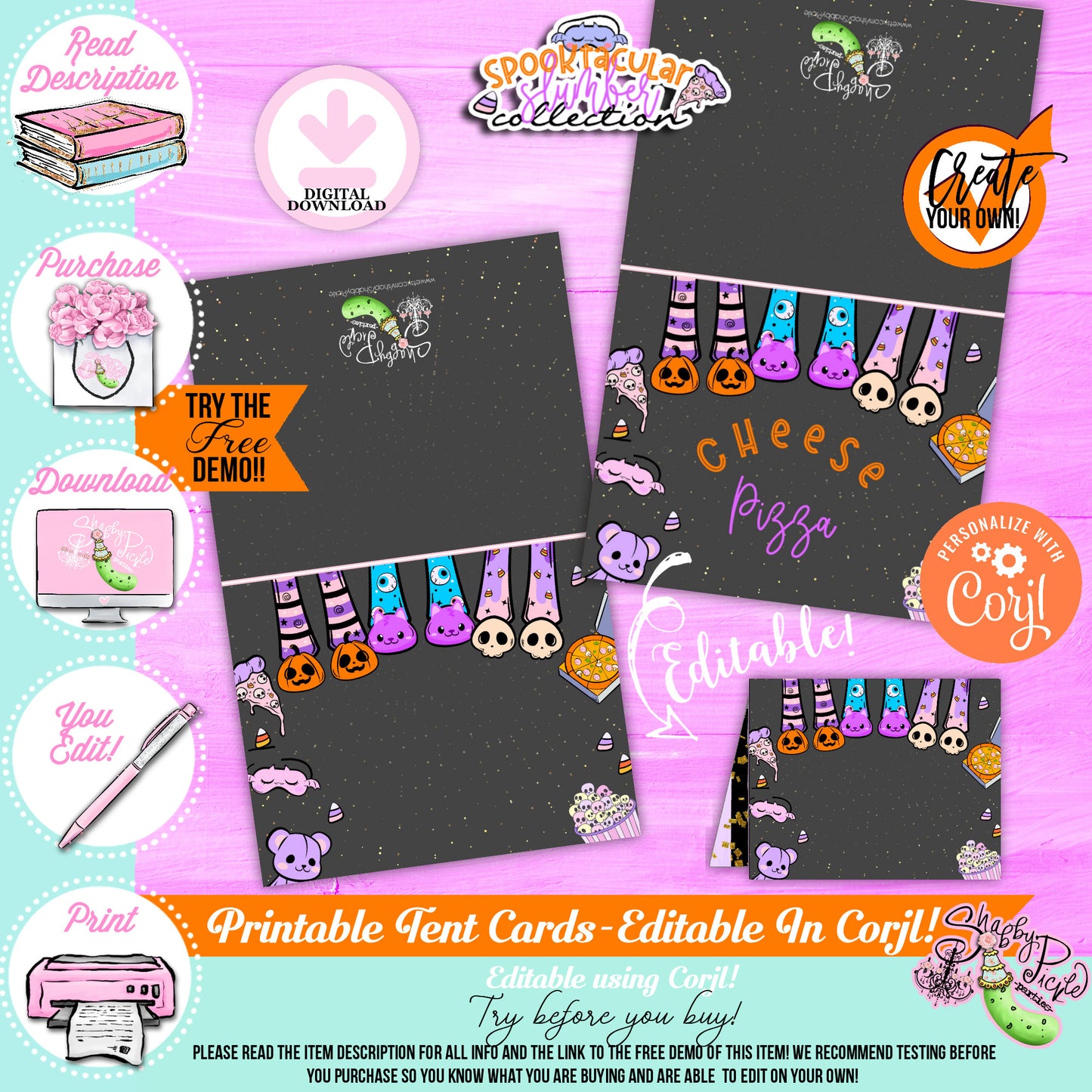 Spooktacular Slumber Party-Buffet Tent Cards-You Customize in Corjl-Place Cards-Food Labels-Sleepover-Halloween-Digital-DIGITAL DOWNLOAD