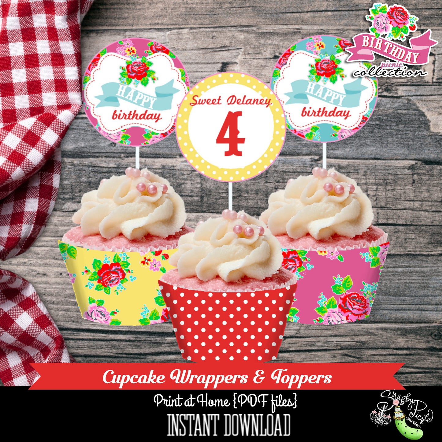 Birthday Party Picnic Cupcake Wrappers and EDITABLE Toppers-Party Printables-BBQ-Farmers Market-Birthday Labels-Instant Download