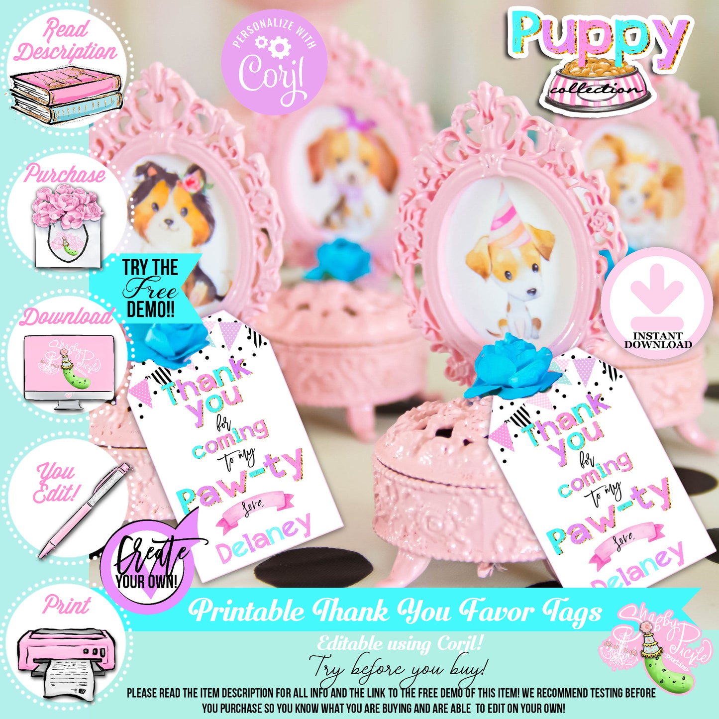 Puppy Pawty-Favor Tags-Edit in Corjl-Custom Name-Thank You Tags-Party Tags-Puppy Party-Birthday-Personalize-Digital-INSTANT DOWNLOAD