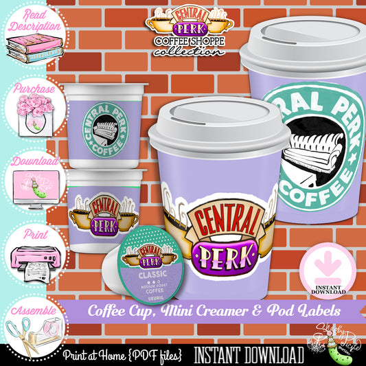 Coffee House-12oz Coffee Cup, Mini Creamer & K-Cup Pod Labels-Printable-Friends-Central Perk-Coffee Bar-Friends Party-INSTANT DOWNLOAD