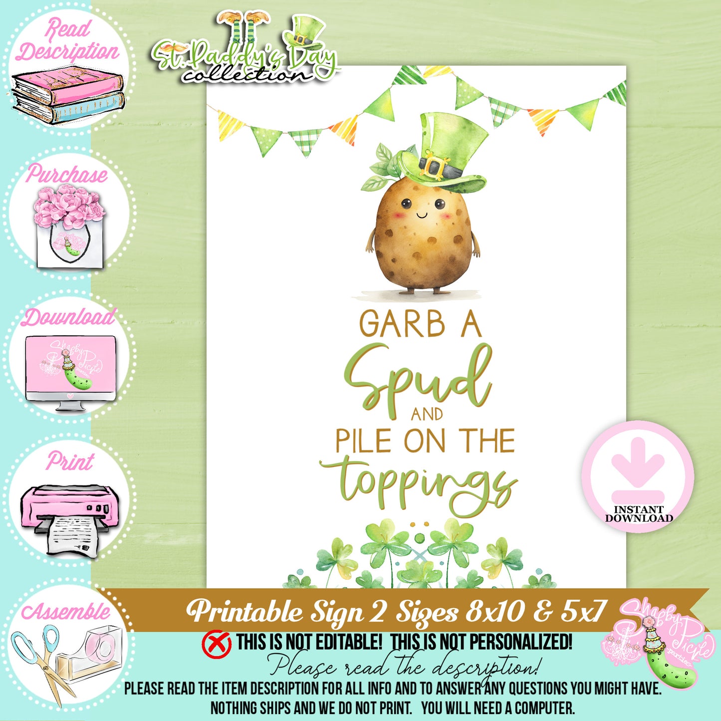 St. Paddy's Day-Baked Potato Bar Sign-Grab a Spud Sign-St. Patrick's Day Theme-Party Printable-Digital-INSTANT DOWNLOAD