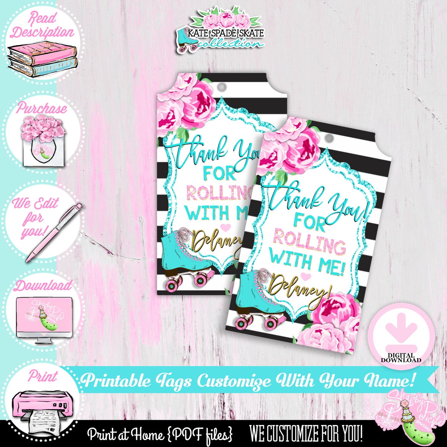 Kate Spade Skate-Birthday-Thank You Tags-Favor Tags-We Customize-Party Tags-Roller Skate Party-Skater-Girls Skate Party-DIGITAL DOWNLOAD