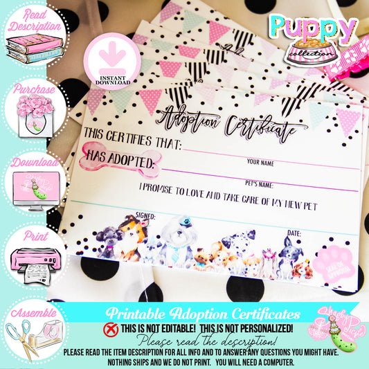 Puppy Pawty-Puppy Adoption Certificates-Adopt a Puppy Party-Puppy Adoption-Puppy Printable-Puppy Party-Birthday-Digital-INSTANT DOWNLOAD