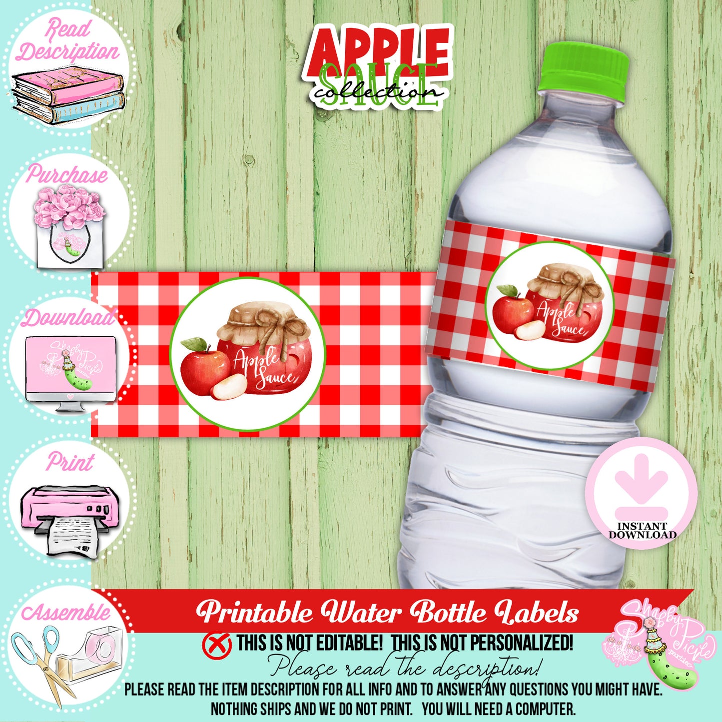 Apple Sauce Red-Water Bottle Labels-Apple Sauce Bar-Making Apple Sauce-Apple Label-Prefilled Labels-Apple Printable-Digital-INSTANT DOWNLOAD