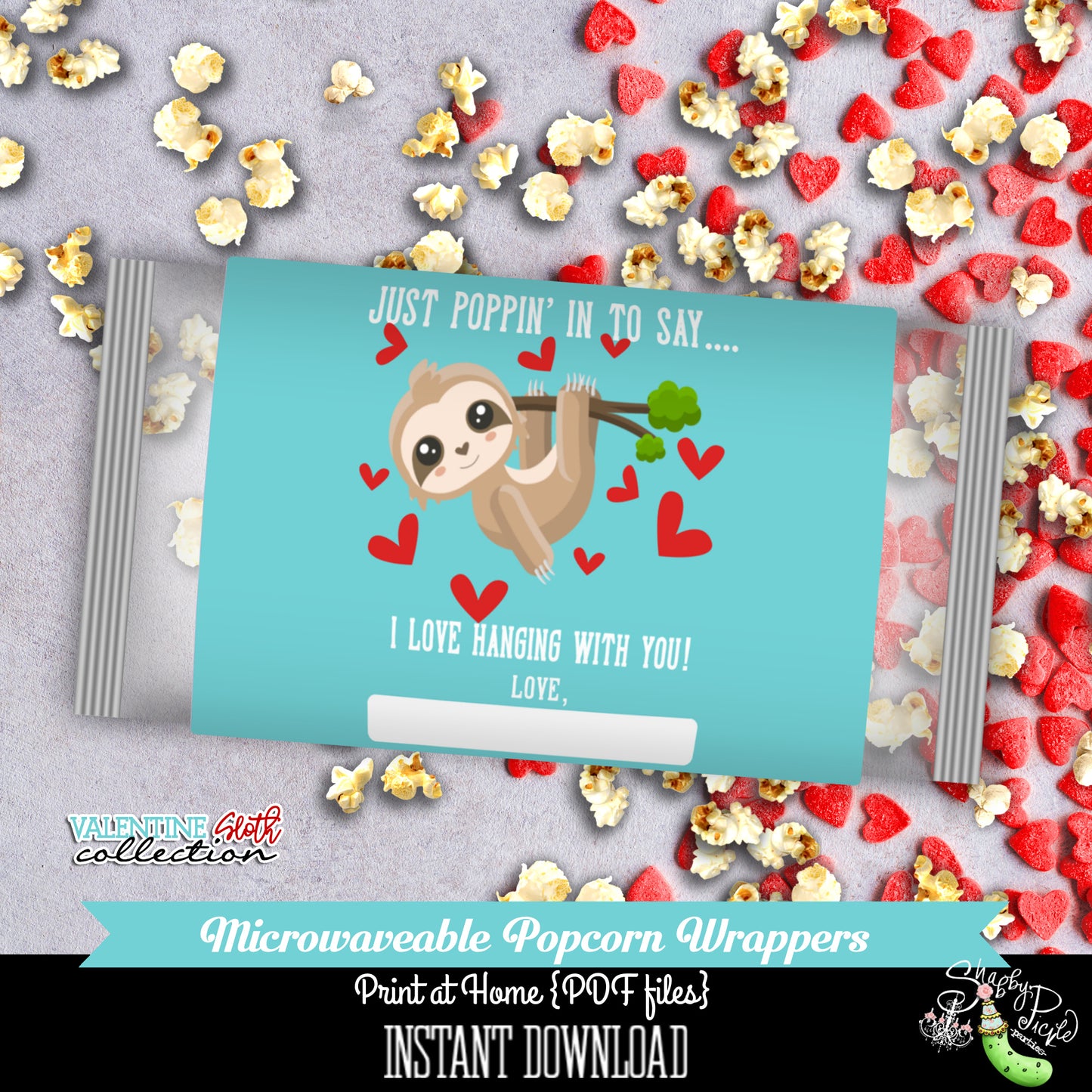 Valentines Day-Blue Sloth-Microwave Popcorn Wrappers-Class Treat-Class Room Party-Valentine's Day-Favor-Holiday-Printables-INSTANT DOWNLOAD