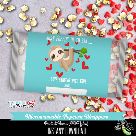 Valentines Day-Blue Sloth-Microwave Popcorn Wrappers-Class Treat-Class Room Party-Valentine's Day-Favor-Holiday-Printables-INSTANT DOWNLOAD