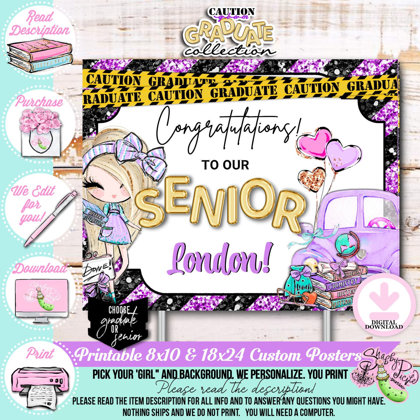 Caution Glam Graduate-Lilac Glam Grad-We PERSONALIZE-Yard Sign-Party Sign-Pick Your Girl-Graduation-High School-8th Grade-Class of-PRINTABLE